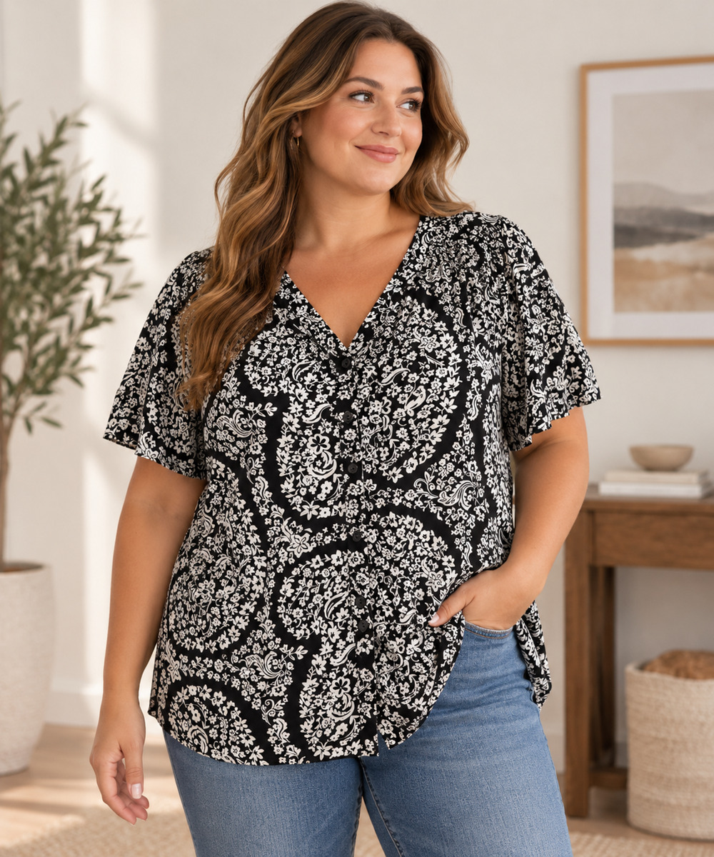 New Croft & Barrow Women’s Black & White Floral V-Neck Short Sleeve Blouse 1X